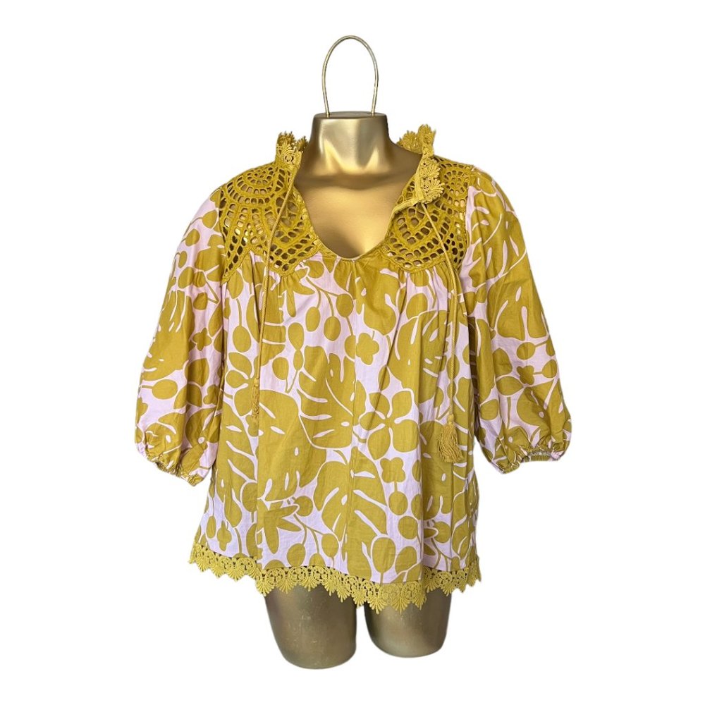 Sundance Cotton, Printed Babydoll Top with Crocheted Details, Size X-Small